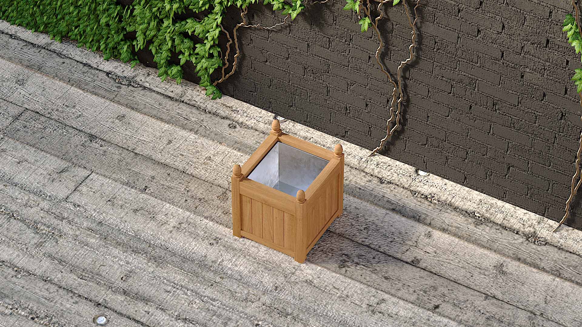 Teak Square Planter 45 x 45cm With Galvanized Liner Overhead Perspective