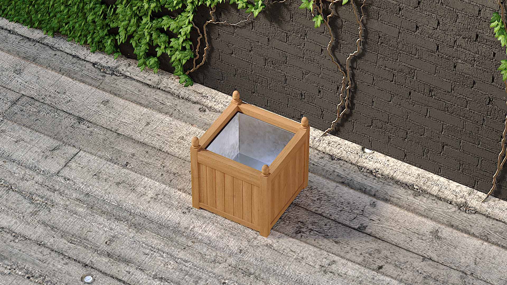 Teak Square Planter 55 x 55cm With Galvanized Liner Overhead Perspective