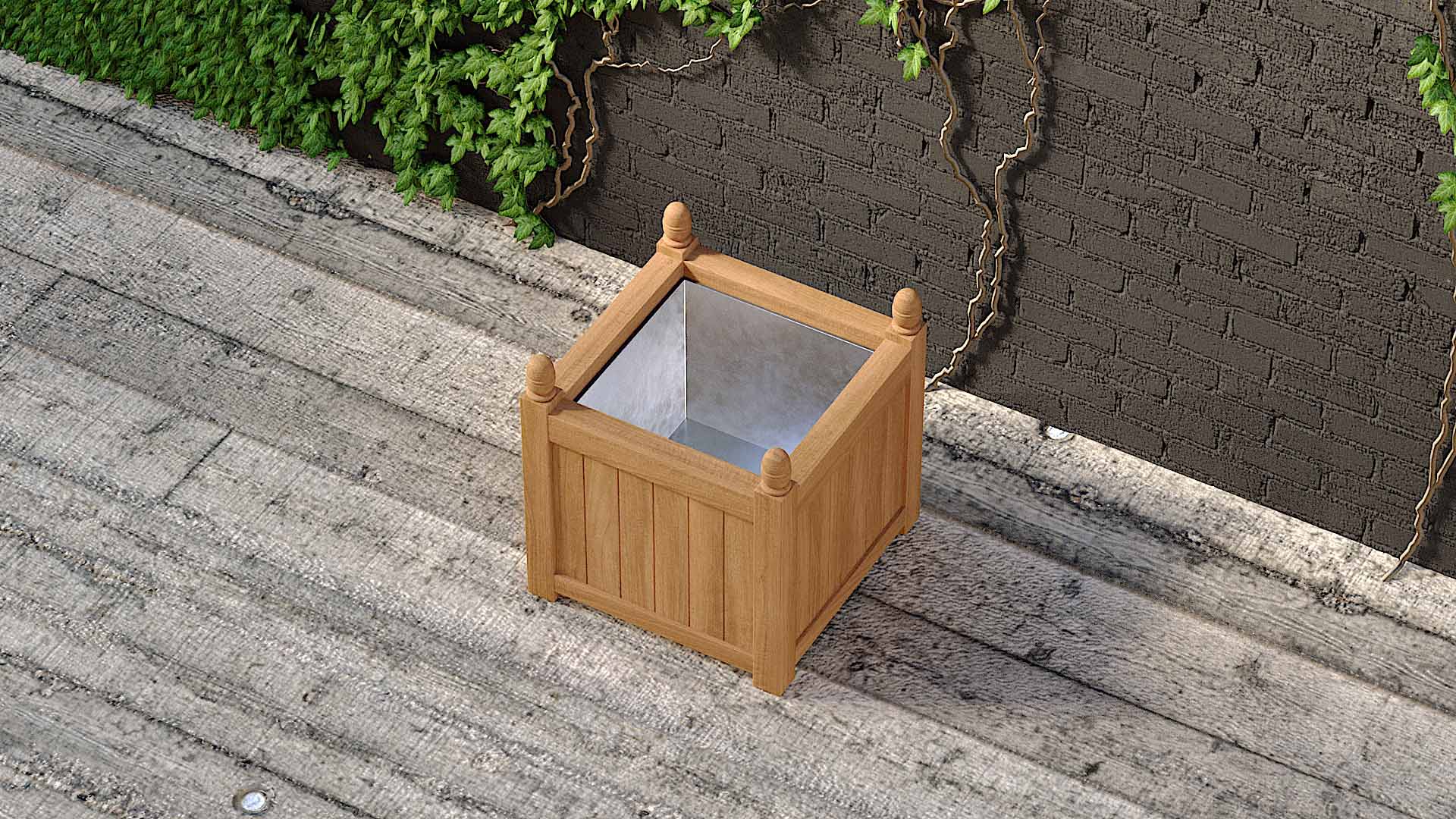 Teak Square Planter 65 x 65cm With Galvanized Liner Overhead Perspective