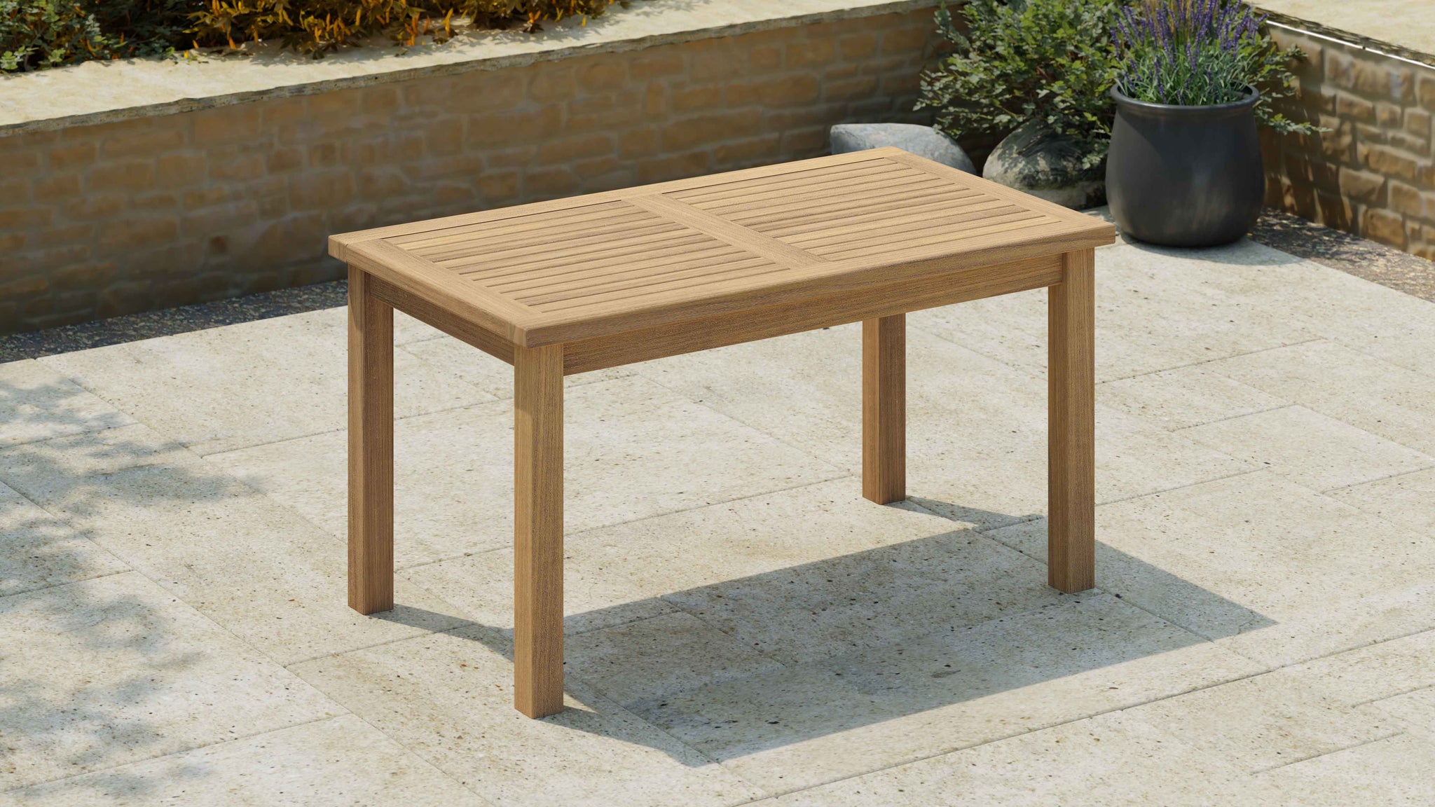 Teak Fixed Rectangular Table 80 x 140cm without Parasol Hole Front Angled View