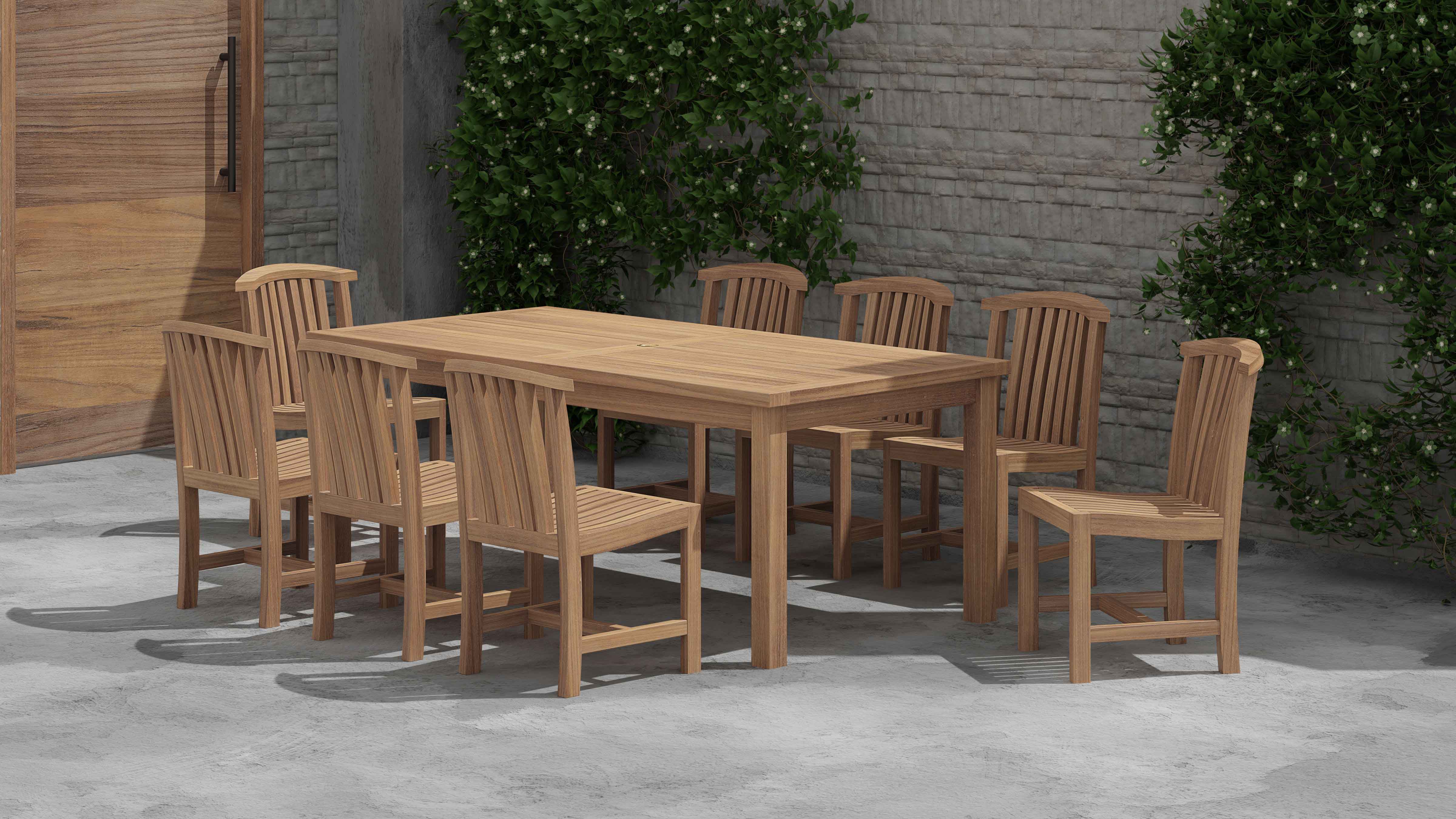 100 x 200cm Teak Fixed Rectangular Garden Dining Table & 8 Winchester Teak Dining Chairs Front Angled View