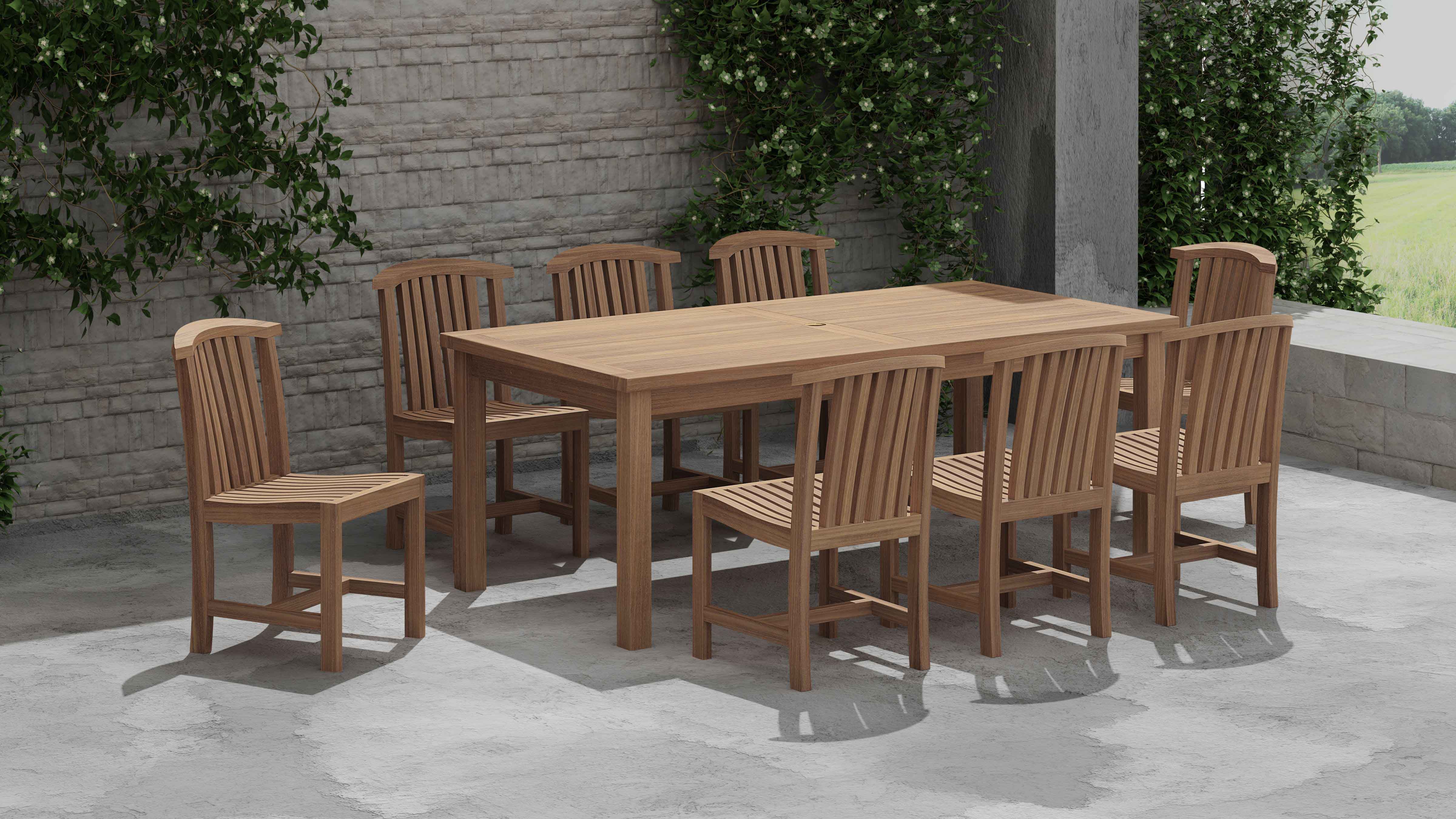 100 x 200cm Teak Fixed Rectangular Garden Dining Table & 8 Winchester Teak Dining Alternative Front Angled View