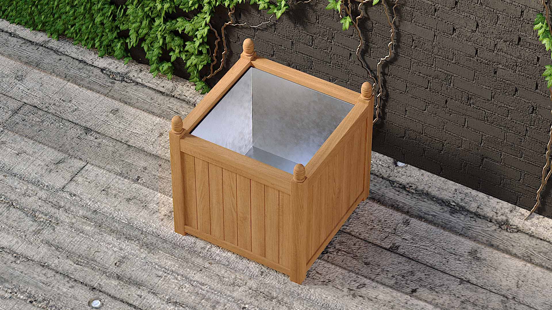 Teak Square Planter 85 x 85cm With Galvanized Liner Overhead Perspective