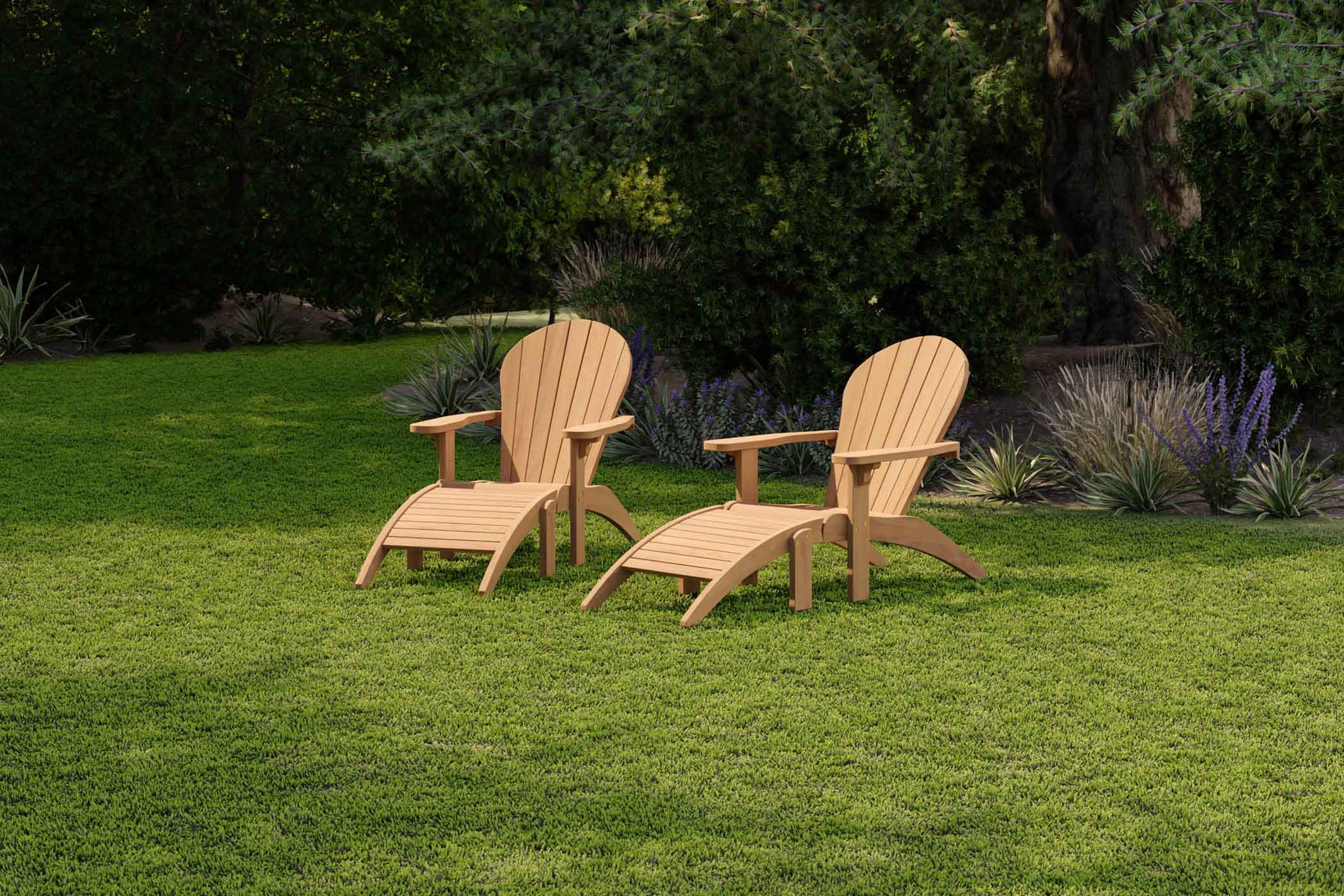 Adirondack Teak Lounger Chairs with Footstools in the Garden