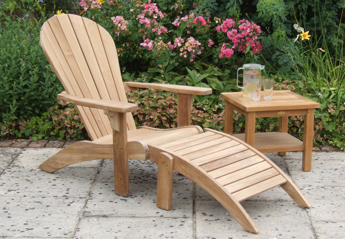 Adirondack Teak Lounger with Footstool and 50cm Square Coffee Table
