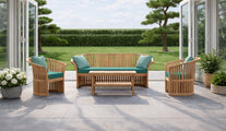 Teak Ascot Suite in Sun Room Shown in Teal and Sky Colourway from the Paris Range of Fabric