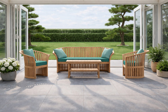 <p>Our <a href="https://chic-teak.co.uk/collections/the-ascot-teak-collection" target="_blank" title="https://chic-teak.co.uk/collections/the-ascot-teak-collection">Teak Ascot Suite</a> in Teal and Sky Colourway from the Paris Range of Fabric</p>