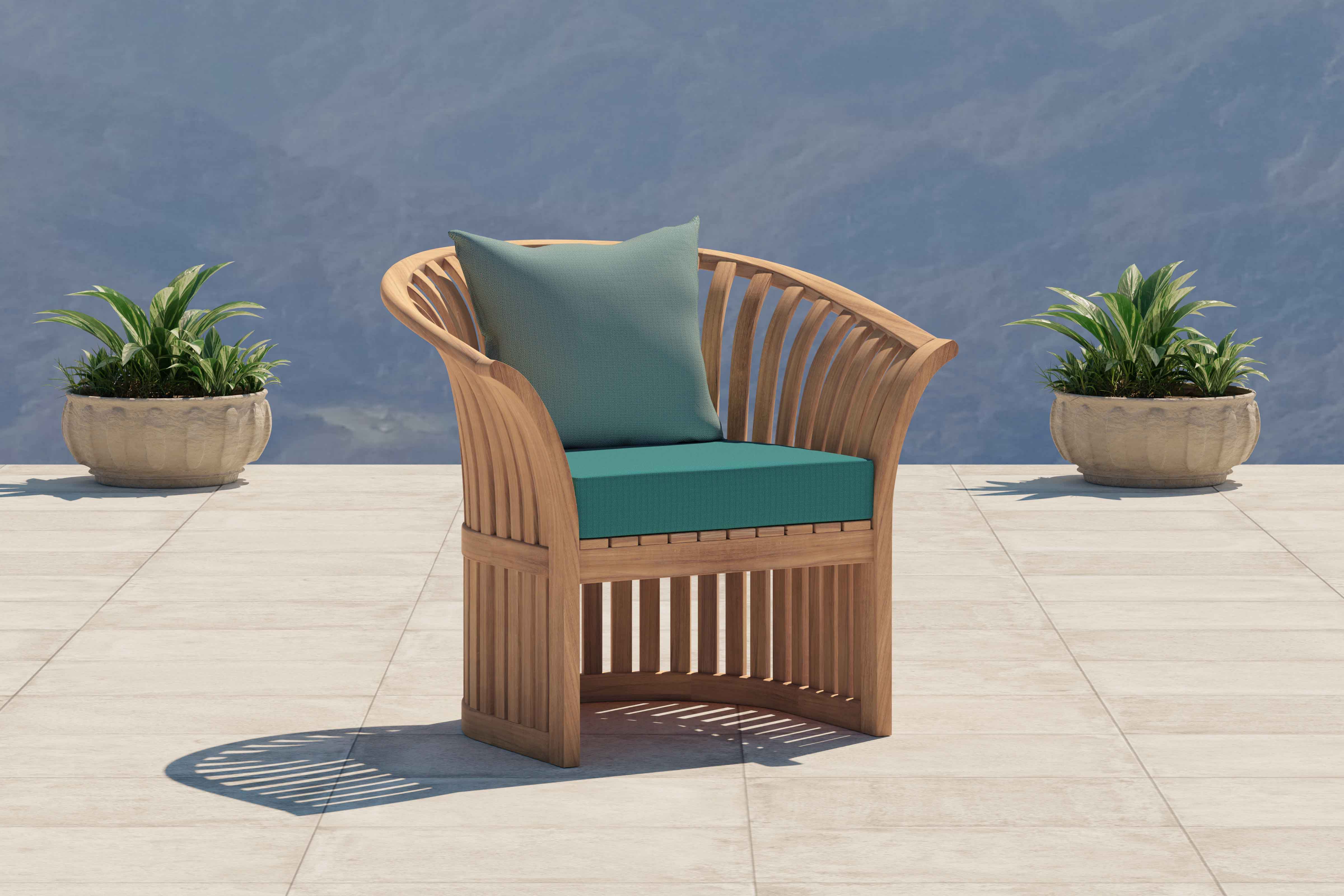 Ascot Teak Lounge Armchair Showing Cushions in Paris Range - Seat Cushion Teal, Scatter Cushion Sky