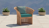 Ascot Teak Lounge Armchair Showing Cushions in Paris Range - Seat Cushion Teal, Scatter Cushion Sky