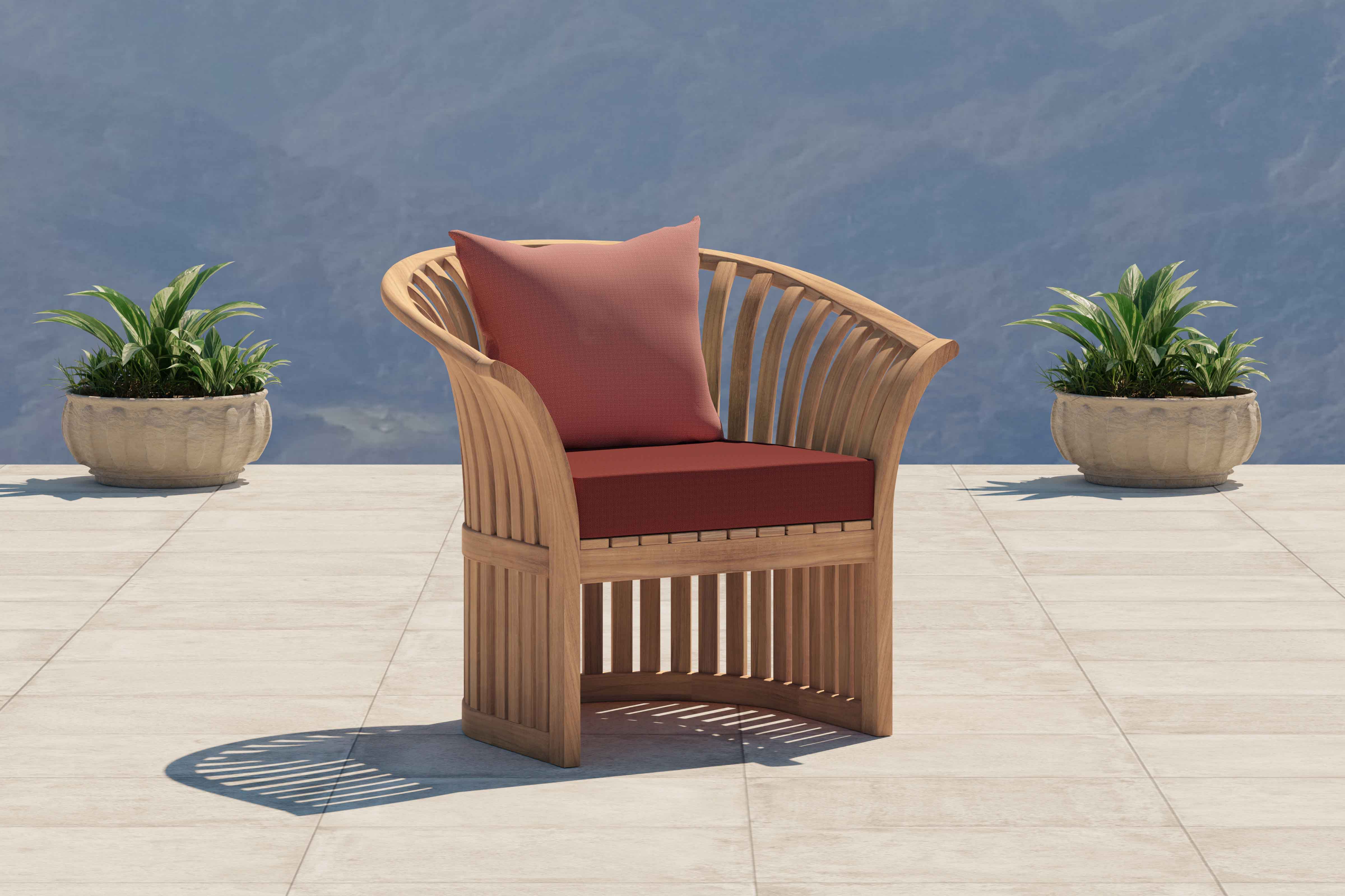 Teak Ascot Outdoor Lounge Set Showing Lounge Armchair with Cushions in Paris Range - Seat Cushion in Amber, Scatter Cushion in Terracotta