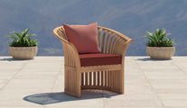 Teak Ascot Outdoor Lounge Set Showing Lounge Armchair with Cushions in Paris Range - Seat Cushion in Amber, Scatter Cushion in Terracotta