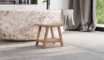Teak Bathroom Shower Stool with Shelf Front Angled View