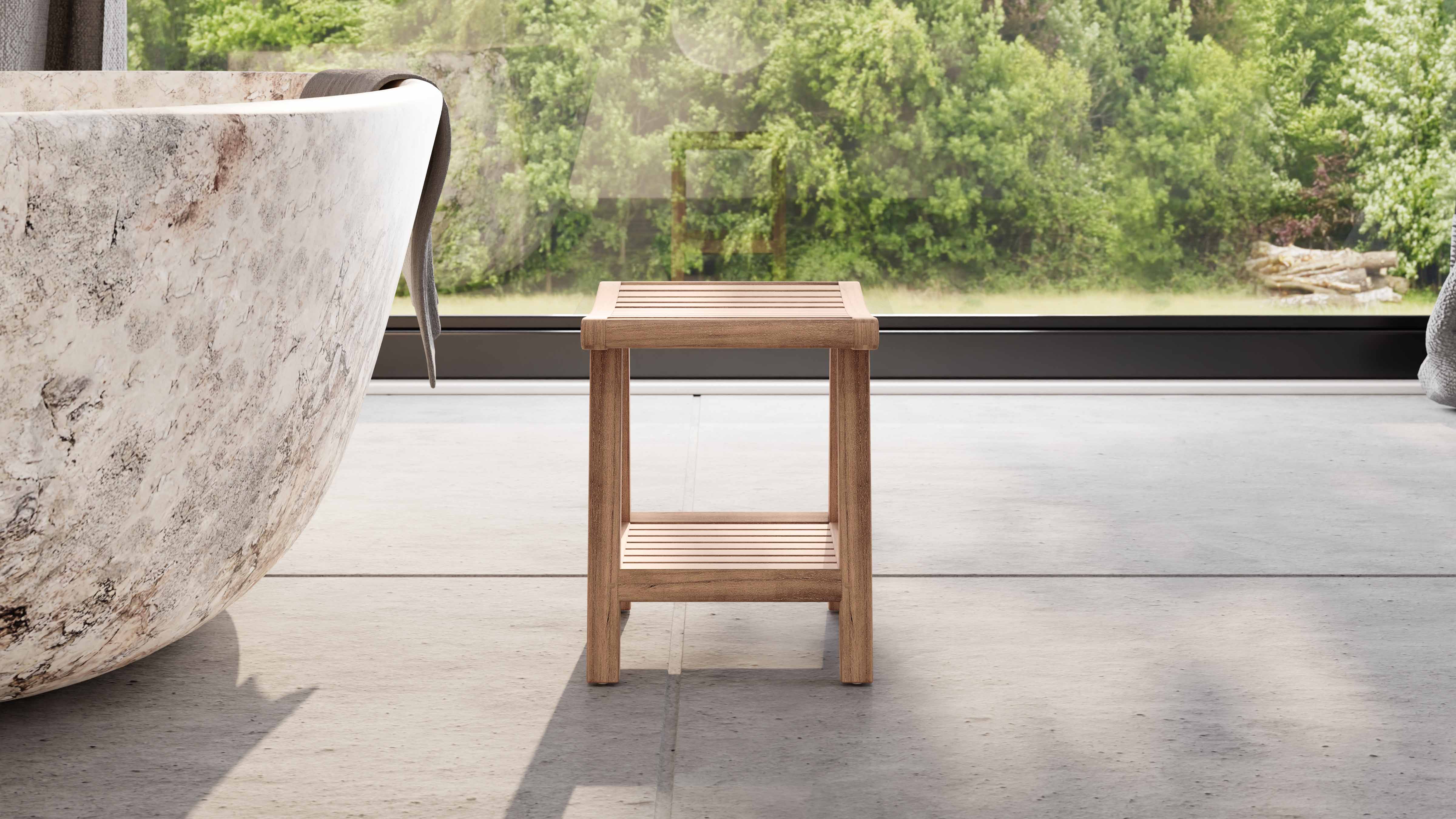 Teak Bathroom Shower Stool with Shelf Side View