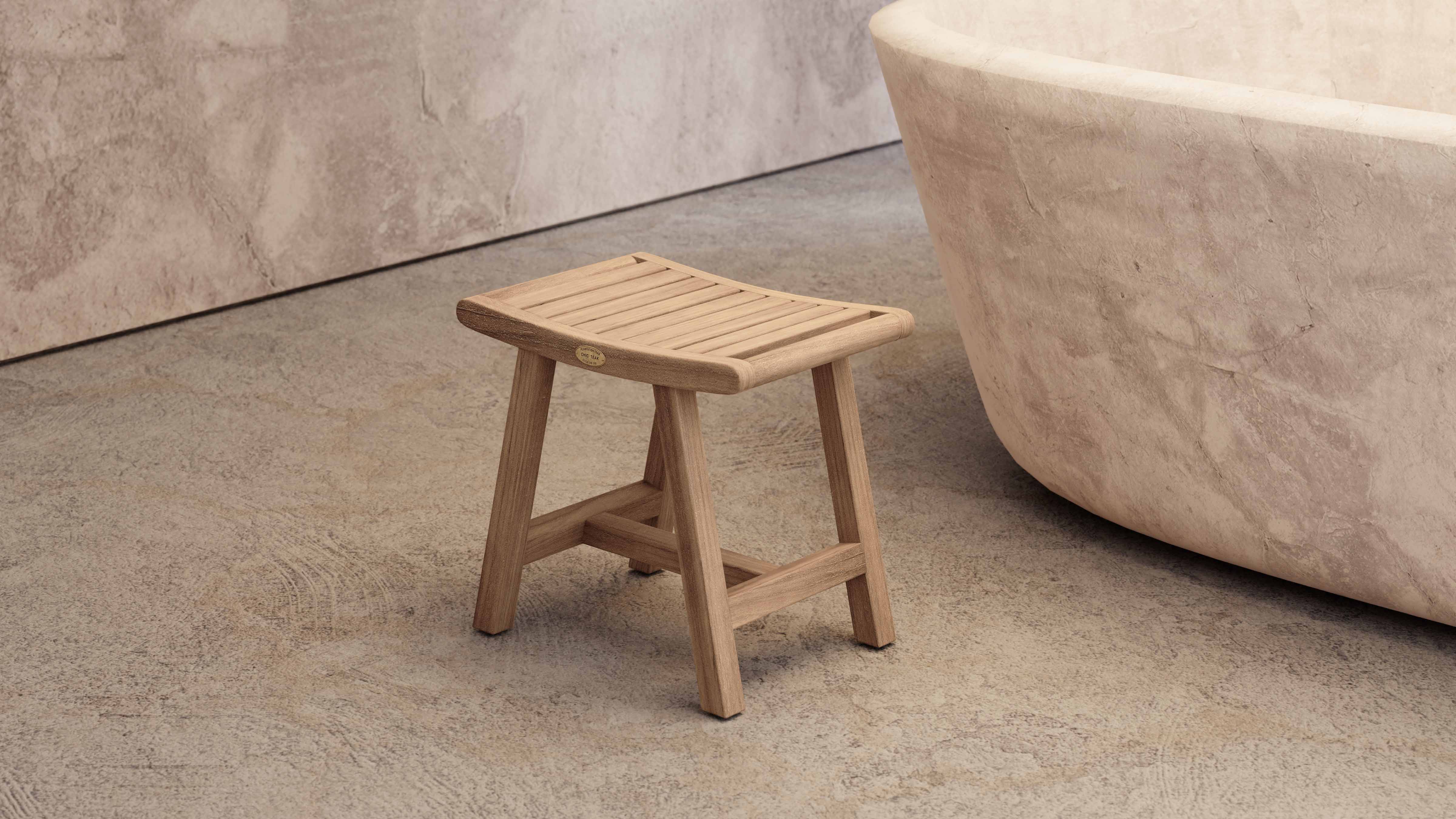 Teak Bathroom Shower Stool without Shelf Front Angled View