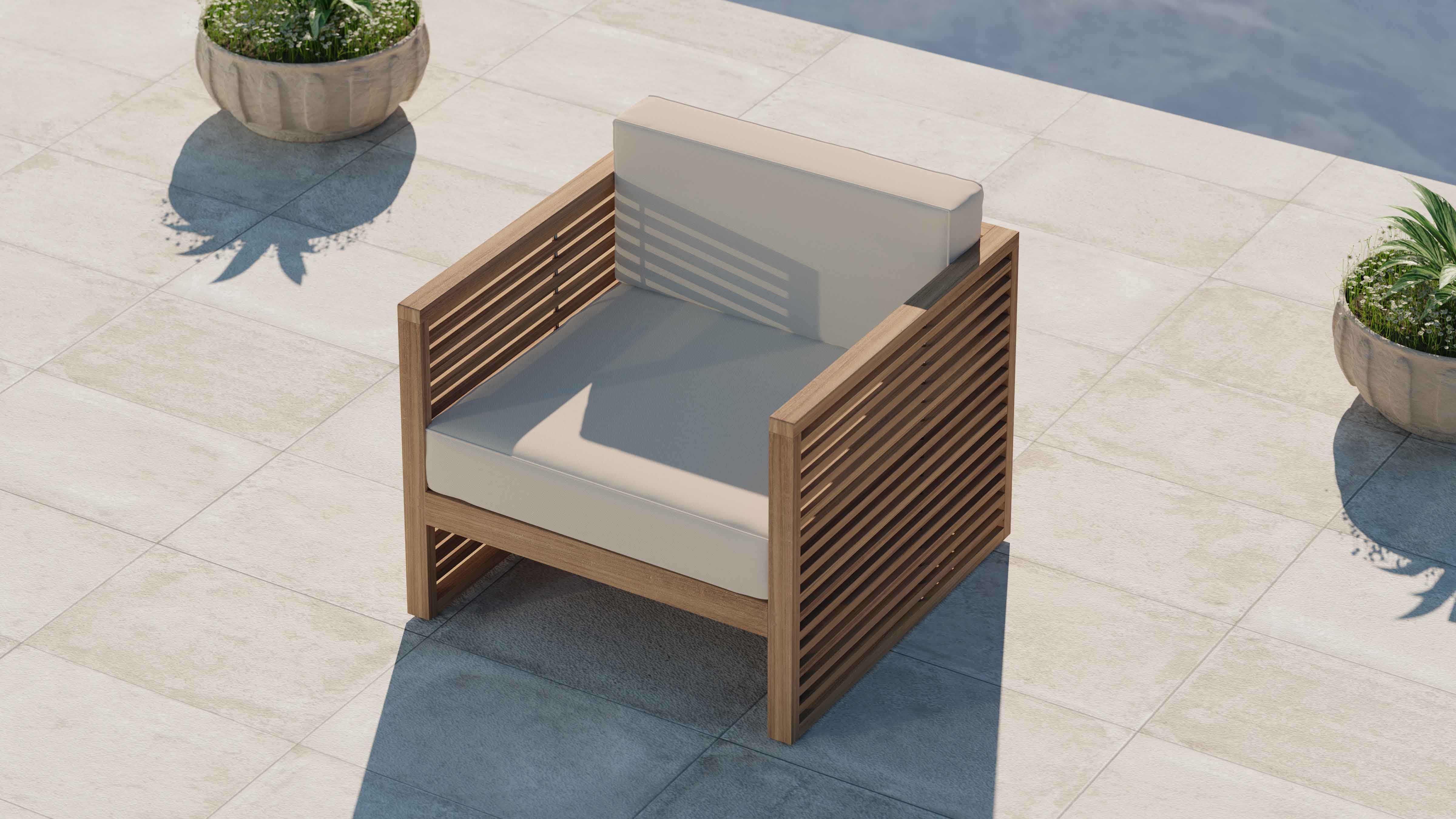 Buckingham Teak Modular Lounge Armchair with Ecru Cushions Overhead Perspective