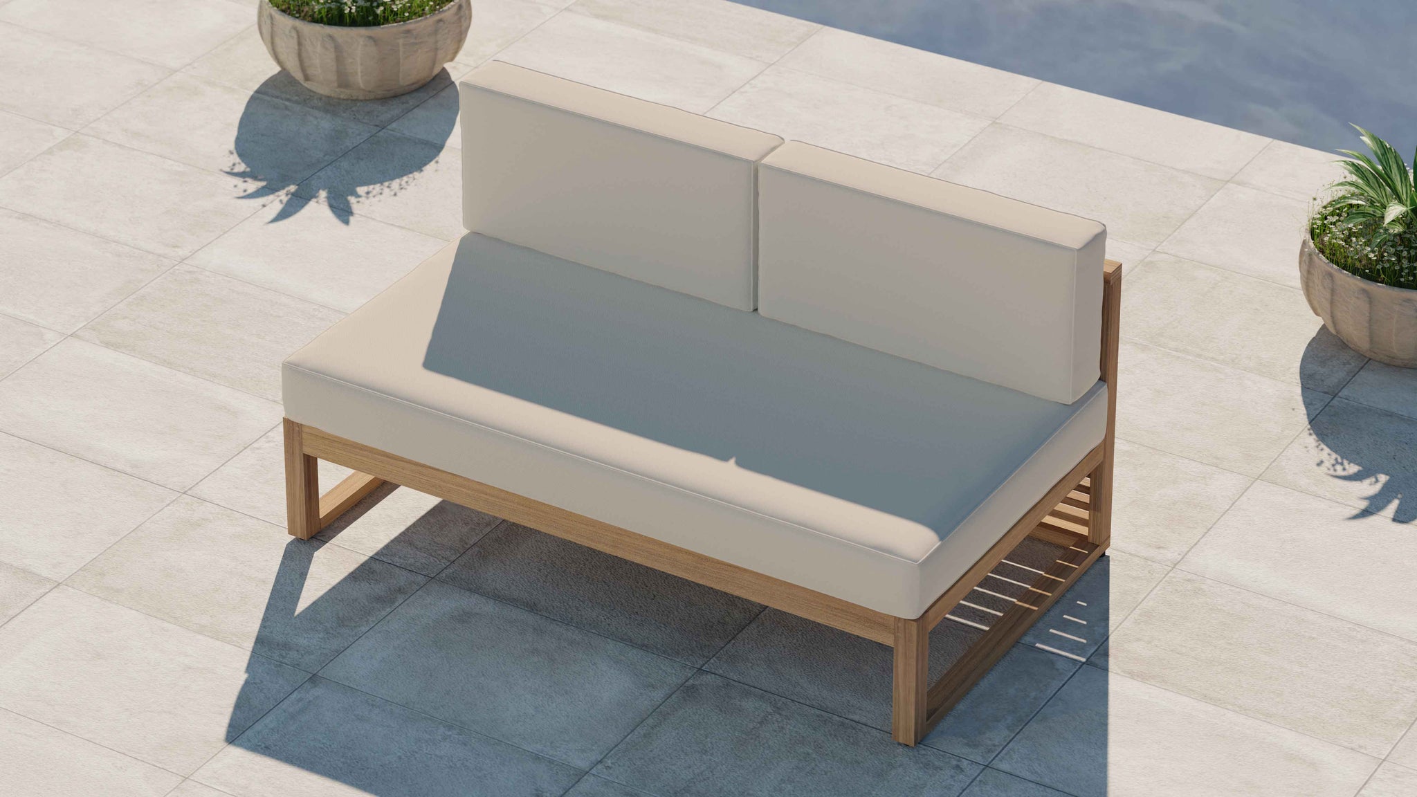 Buckingham Teak Modular Two Seat Mid Section with Ecru Cushions Overhead Perspective