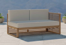 Buckingham Teak Modular Open End Two Seater Sofa with Ecru Cushions Front Angled View 