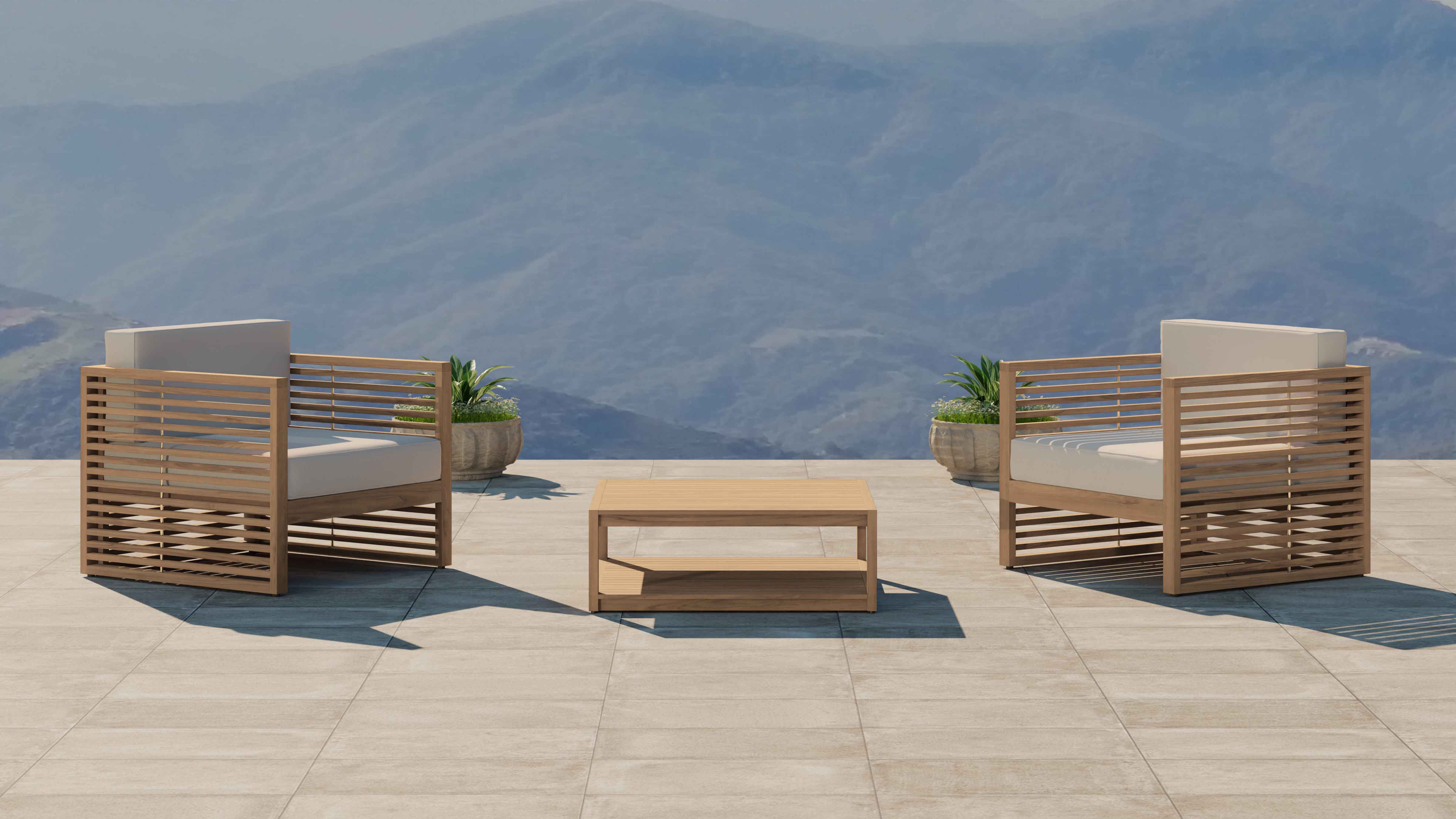 Buckingham Outdoor Lounge Furniture Set Showing Two Lounge Chairs and Square Coffee Table with Ecru Cushions