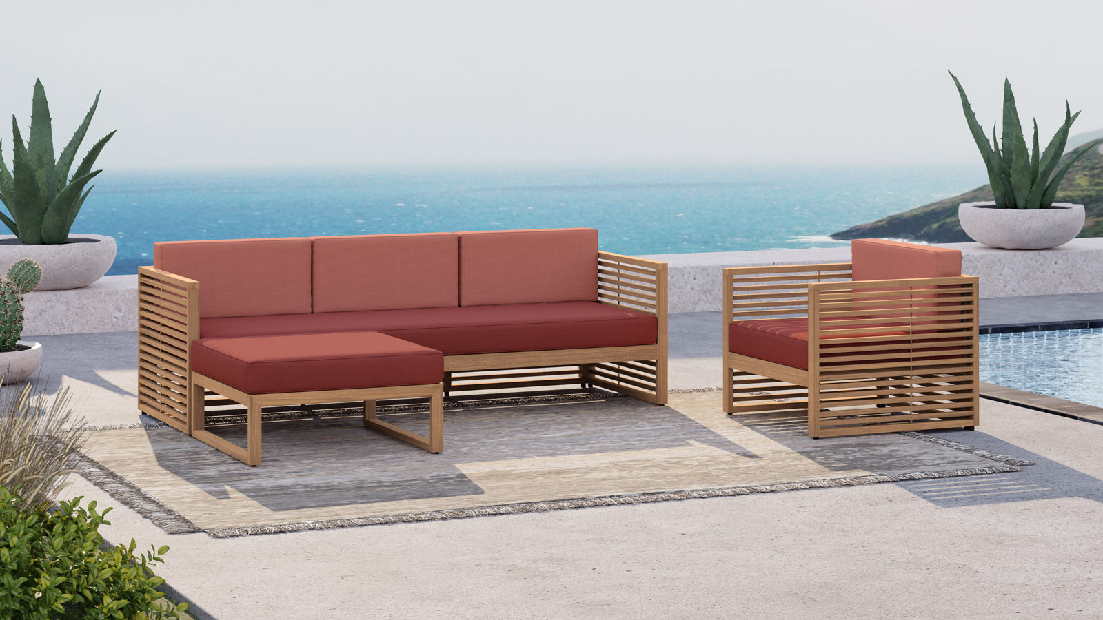 Buckingham Teak Modular Range Showing 3 Seater Sofa, Footstool and Lounge Armchair in Paris Fabric - Seat Cushions Terracotta & Back Cushions in Amber