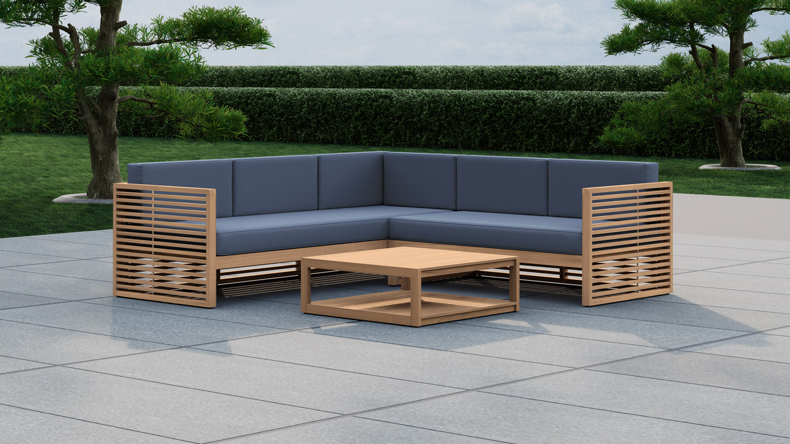 Buckingham Teak Outdoor Modular L Shaped Sofa in Paris Navy with Square Coffee Table