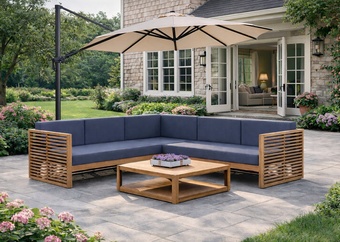 Teak Buckingham Modular  L Shaped Sofa in Paris Navy Range with Cantilever Parasol and Square Coffee Table