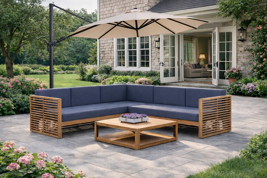 <p><a href="https://chic-teak.co.uk/collections/the-buckingham-teak-collection" target="_blank" title="https://chic-teak.co.uk/collections/the-buckingham-teak-collection">Teak Buckingham Modular  L Shaped Sofa</a> in Paris Navy Range with Cantilever Parasol and Square Coffee Table</p>