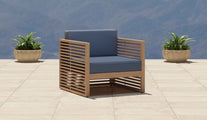 Buckingham Teak Modular Lounge Armchair Showing Paris Fabric with Navy Seat & Back Cushion