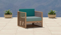 Buckingham Teak Modular Lounge Armchair Showing Paris Fabric with Sky Seat Cushion & Teal Back Cushion