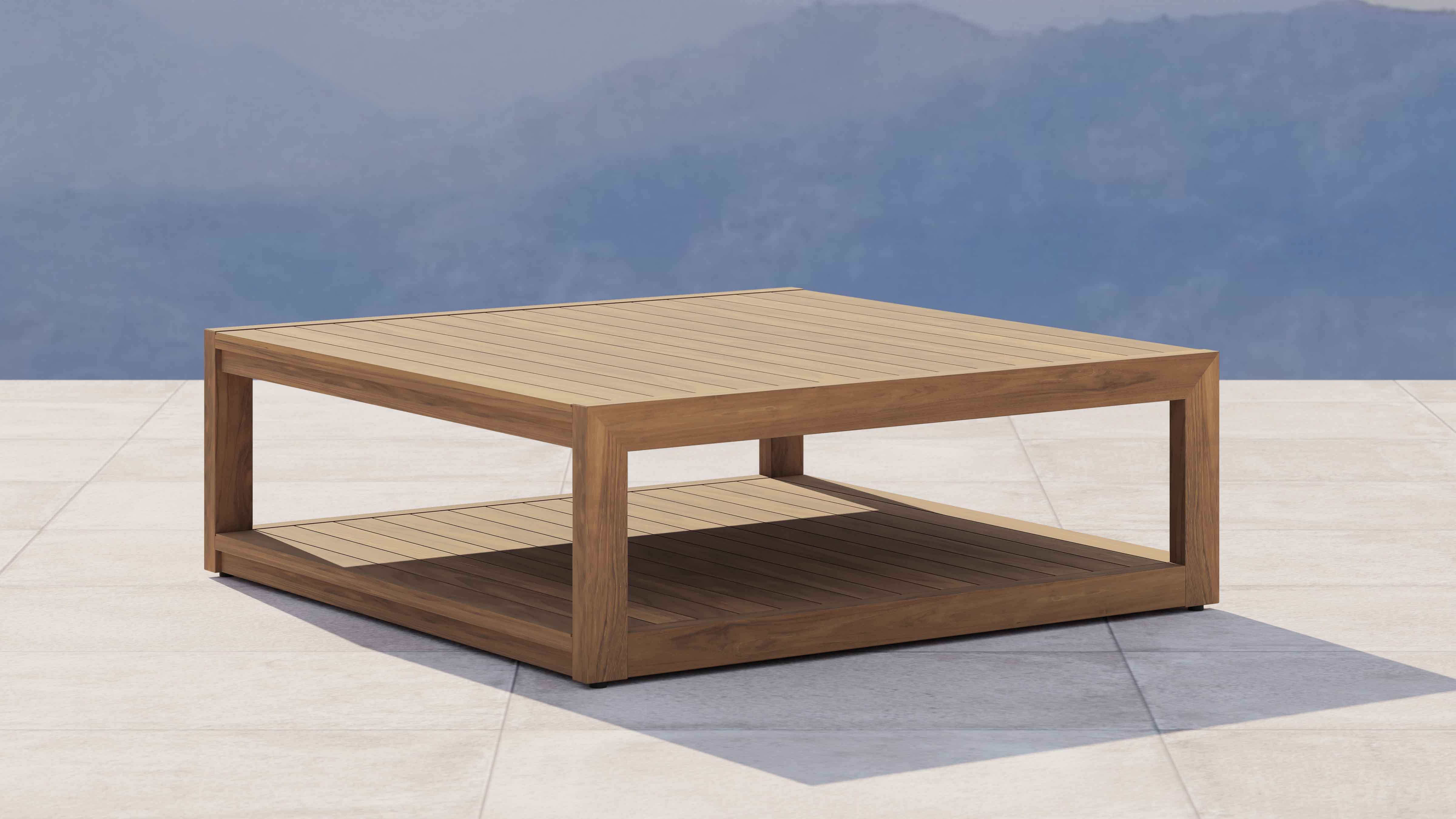 Buckingham Teak Square Coffee Table with Shelf Front Angled View