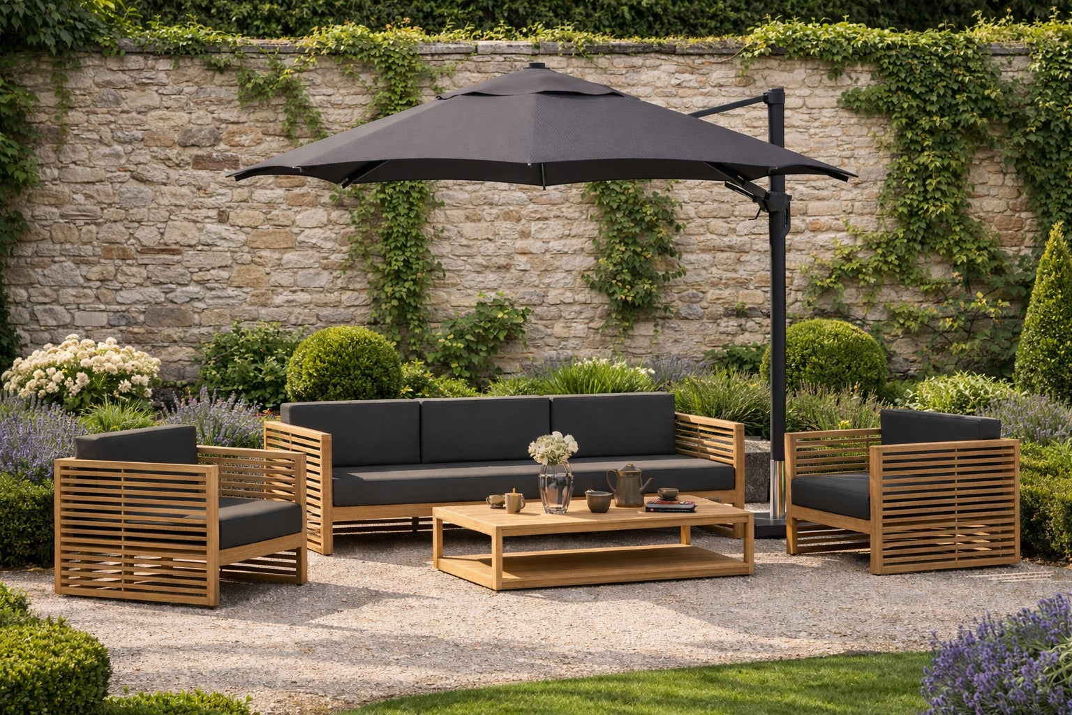 Teak Buckingham 3 Seat Sofa, Two Lounge Armchairs with Rectangular Coffee Table and Overhanging Cantilever Parasol