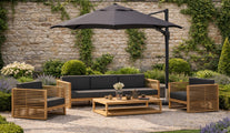 Teak Buckingham 3 Seat Sofa, Two Lounge Armchairs with Rectangular Coffee Table and Overhanging Cantilever Parasol