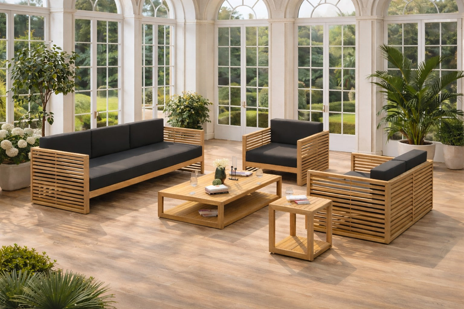 Teak Buckingham 3 Seat, 2 Seat Sofa and Lounge Chair with Square Side Table & Rectangular Coffee Table