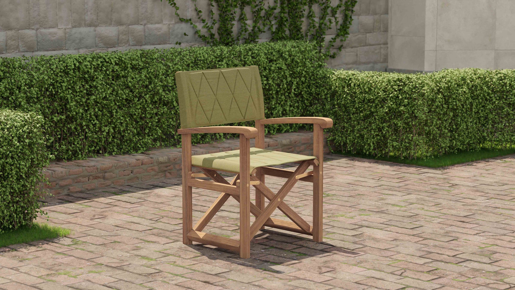 Folding Teak Directors Chair in Green Leaf Front Side View