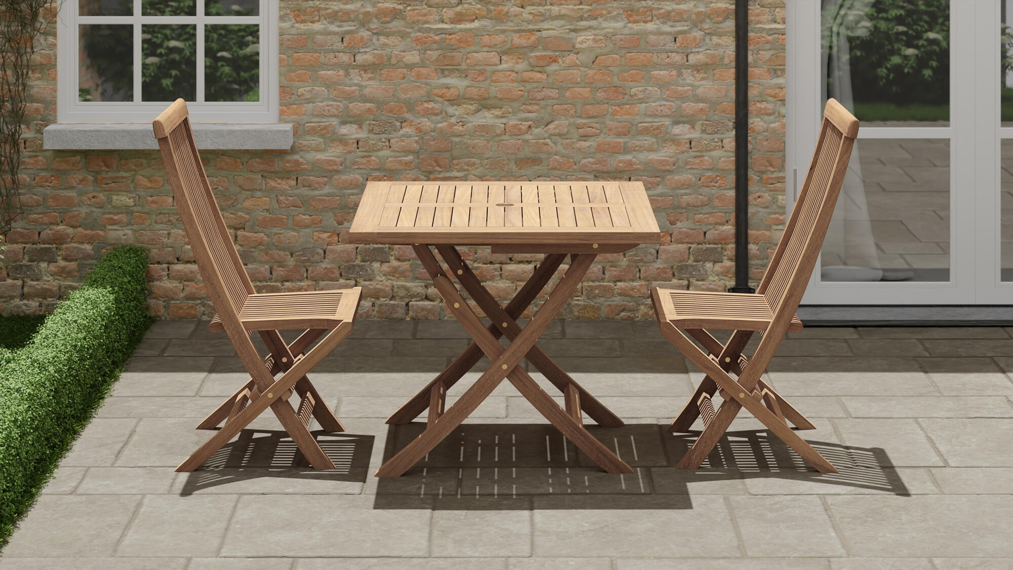 Square Teak Folding Table with  Lincoln Dining Chairs Side View