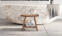 Teak Bathroom Shower Stool with Shelf Front View with Towels