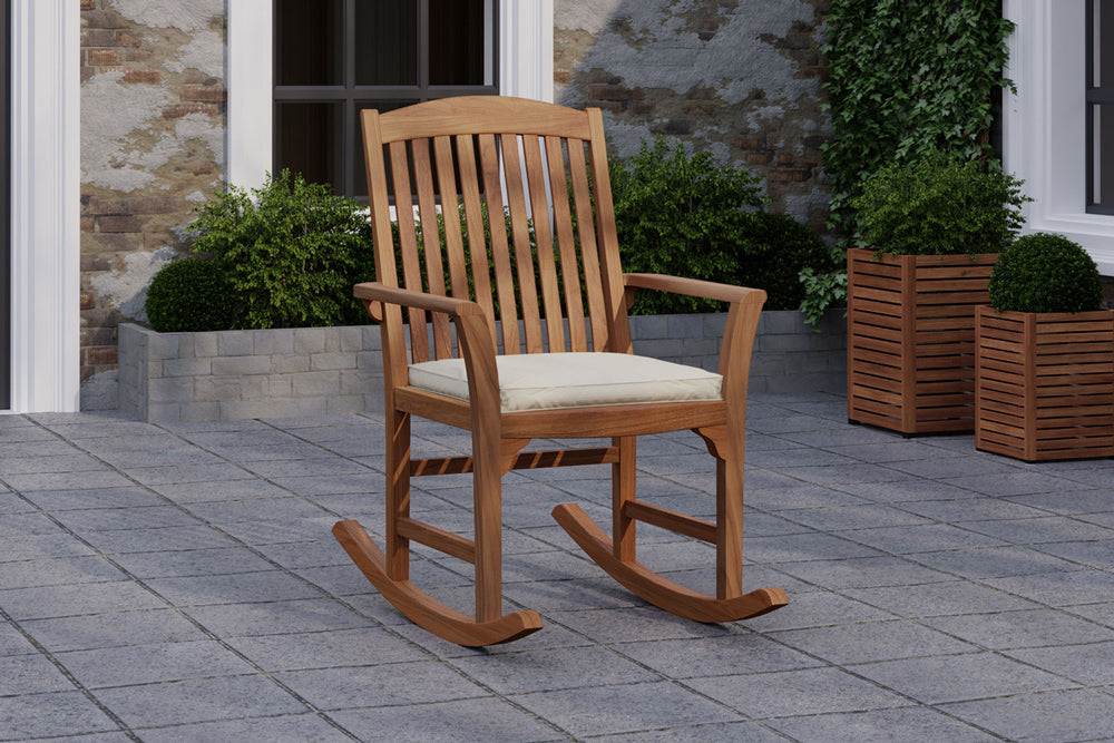 Balmoral Teak Rocking Chair Front Angled View with Ecru Cushion