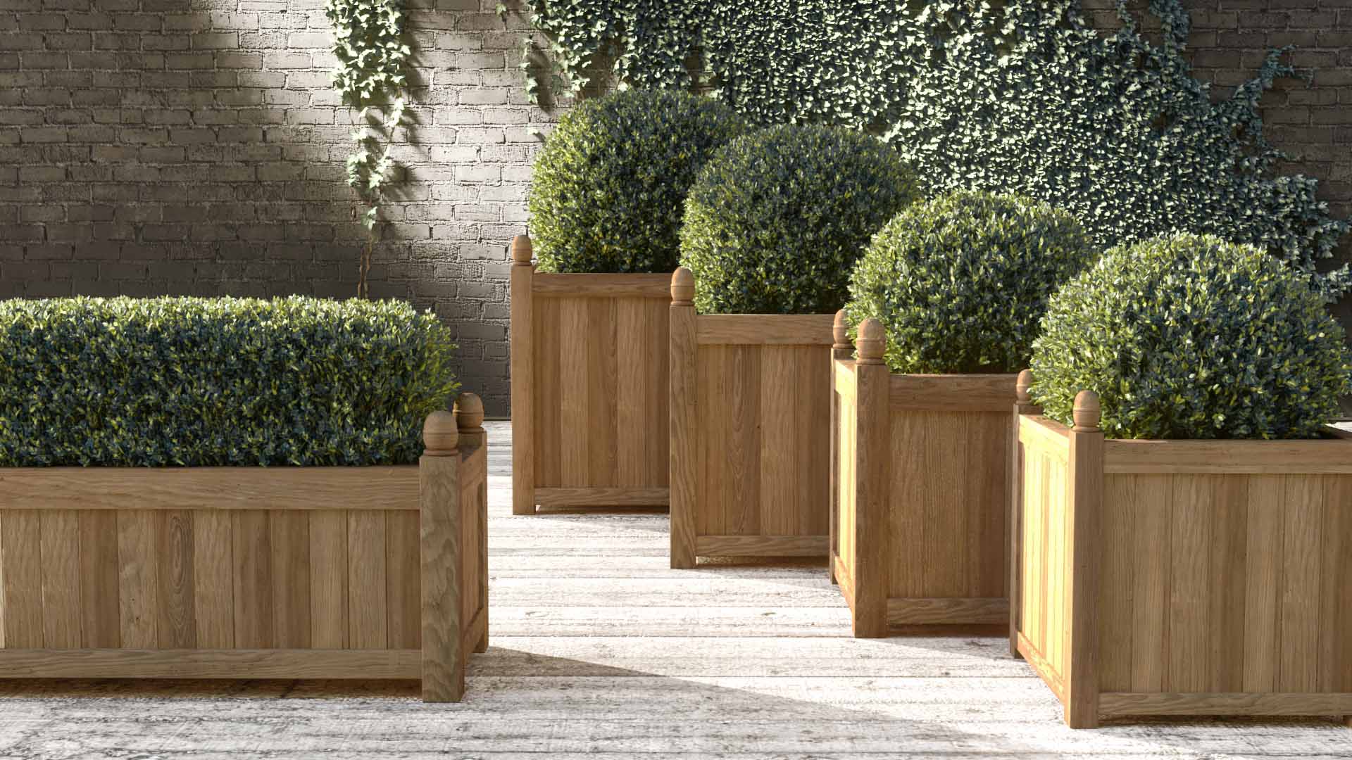 Various Sizes of Square Planters Shown Alongside a Rectangular Planter