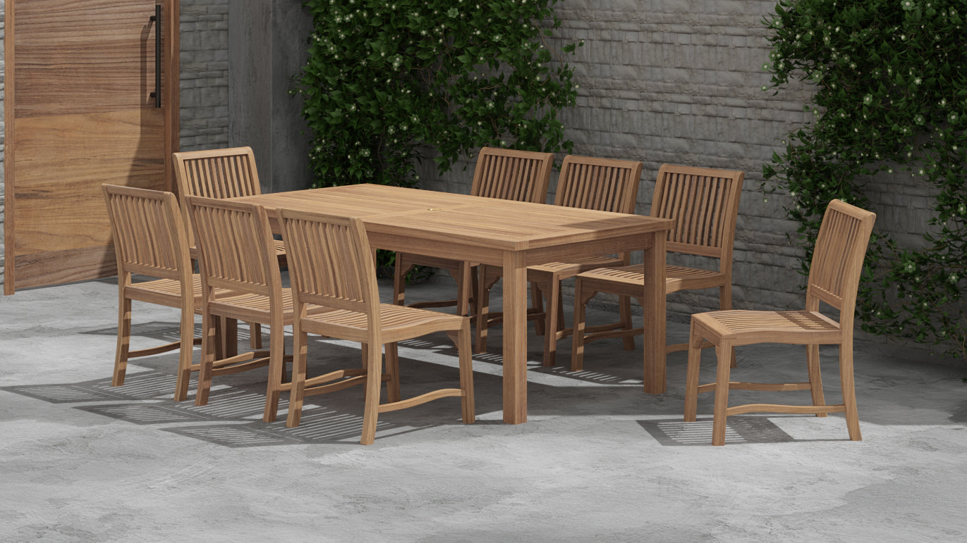 100 x 200cm Fixed Rectangular Teak Table with 8 Guildford Dining Chairs Front Angled View