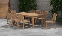 100 x 200cm Fixed Rectangular Teak Table with 8 Guildford Dining Chairs Front Angled View
