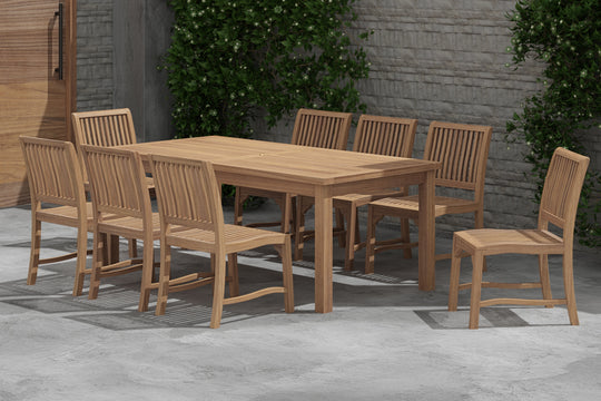 100 x 200cm Fixed Rectangular Teak Table with 8 Guildford Dining Chairs Front Angled View