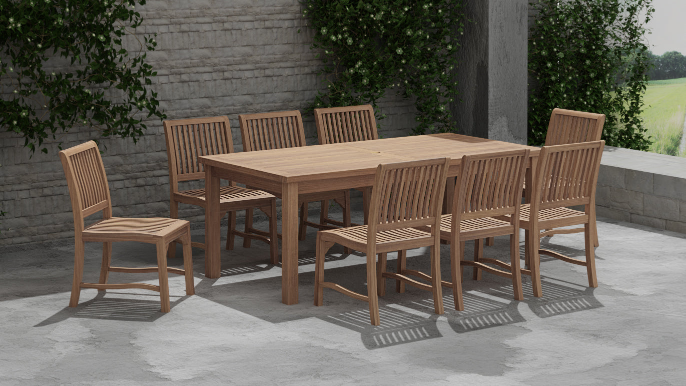 100 x 200cm Fixed Rectangular Teak Table with 8 Guildford Dining Chairs Alternative Front Angled View