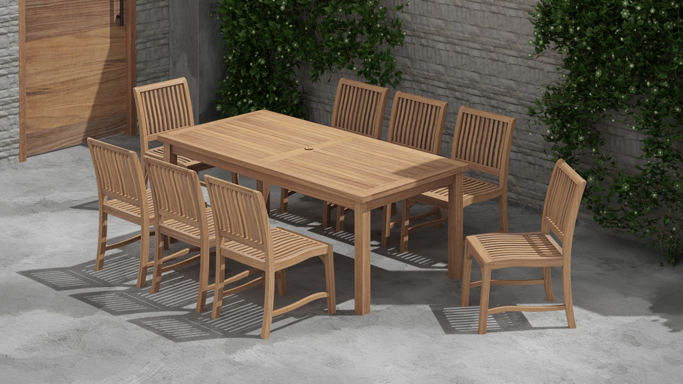 100 x 200cm Fixed Rectangular Teak Table with 8 Guildford Dining Chairs Overhead Perspective