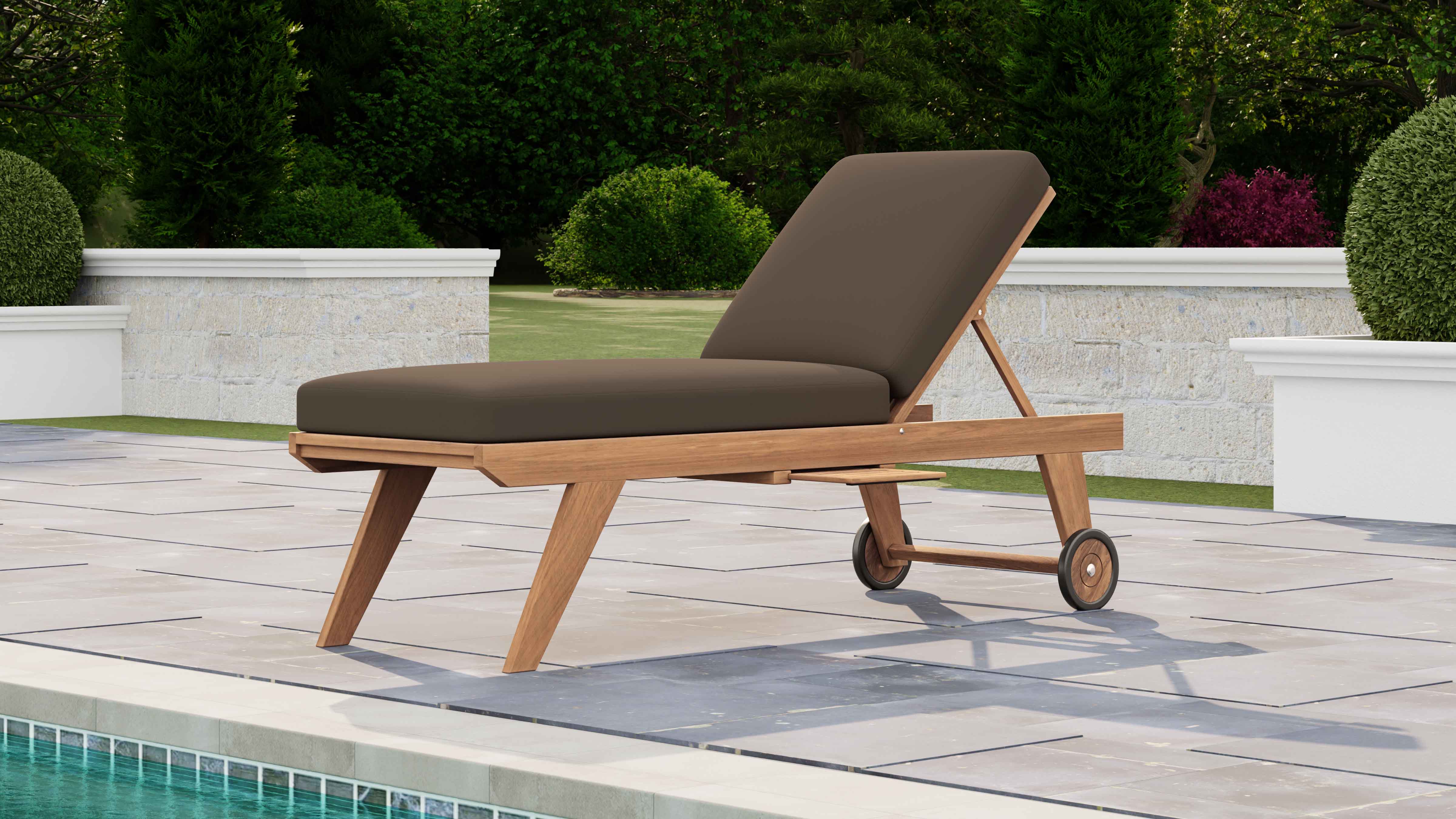 Teak High Level Lounger with Taupe Cushion & Optional Pull Out Tray Front Angled View