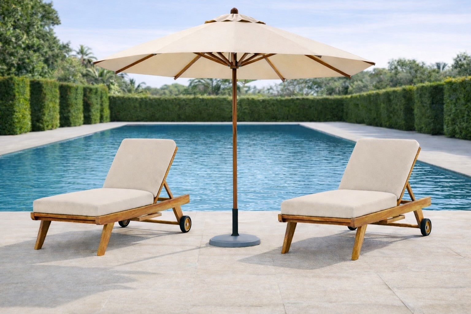 High Level Lounger & Parasol by Pool