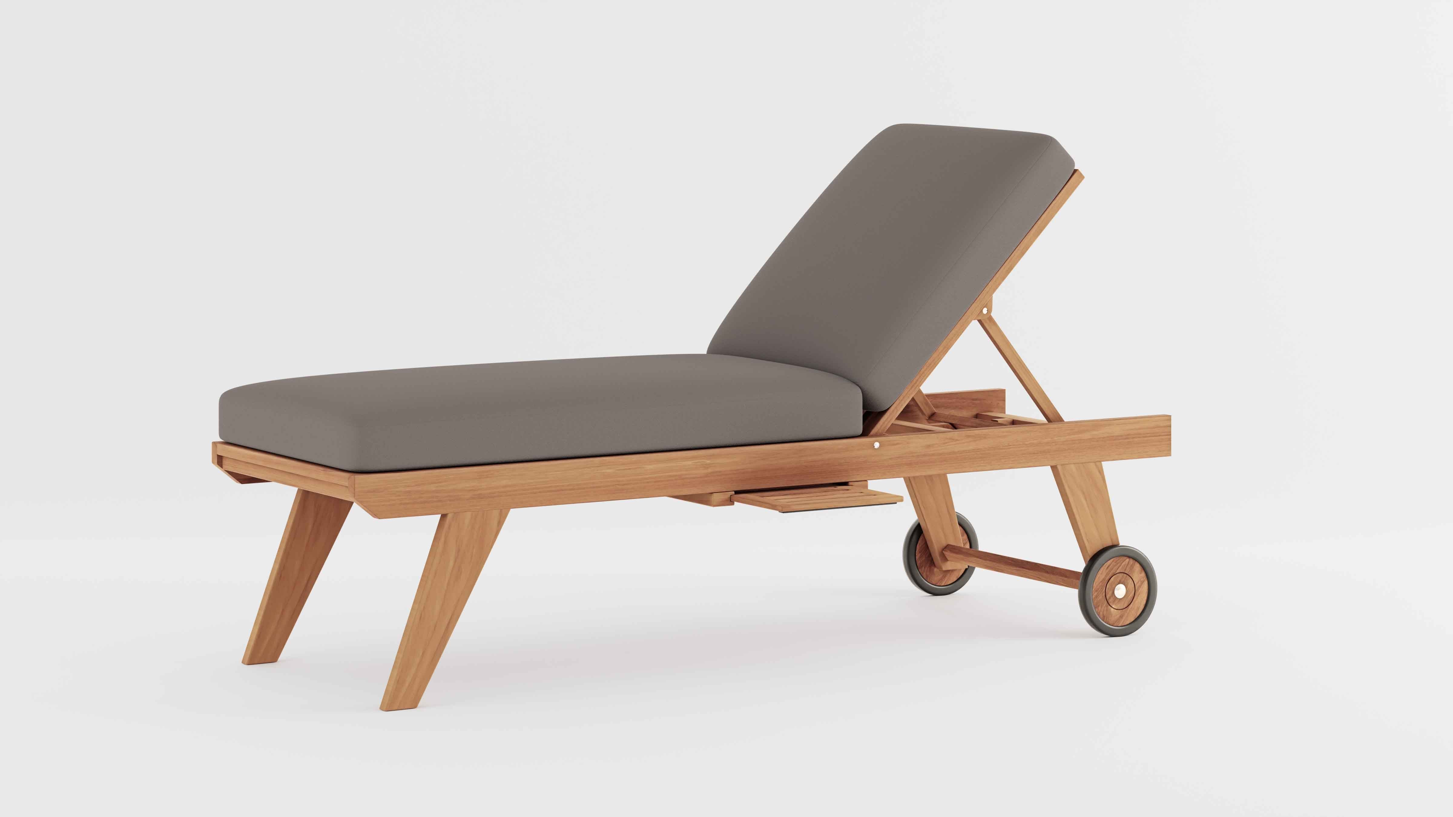 Teak High Level Lounger with Light Grey Cushion & Optional Pull Out Tray 