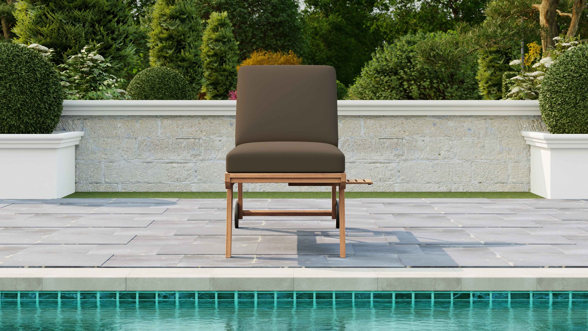 Teak High Level Lounger with Taupe Cushion & Optional Pull Out Tray Front View