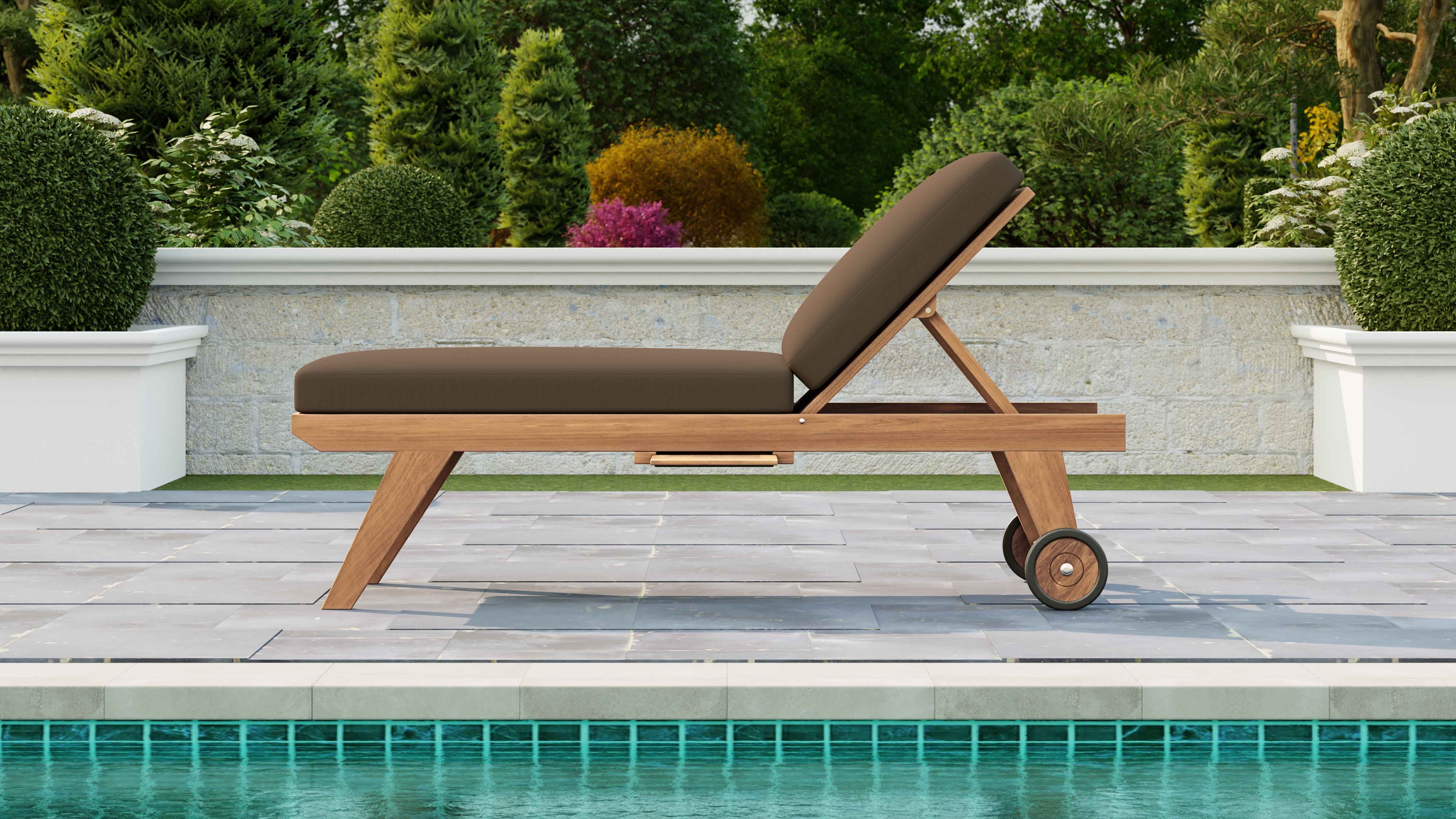 Teak High Level Lounger with Taupe Cushion & Optional Pull Out Tray Side View