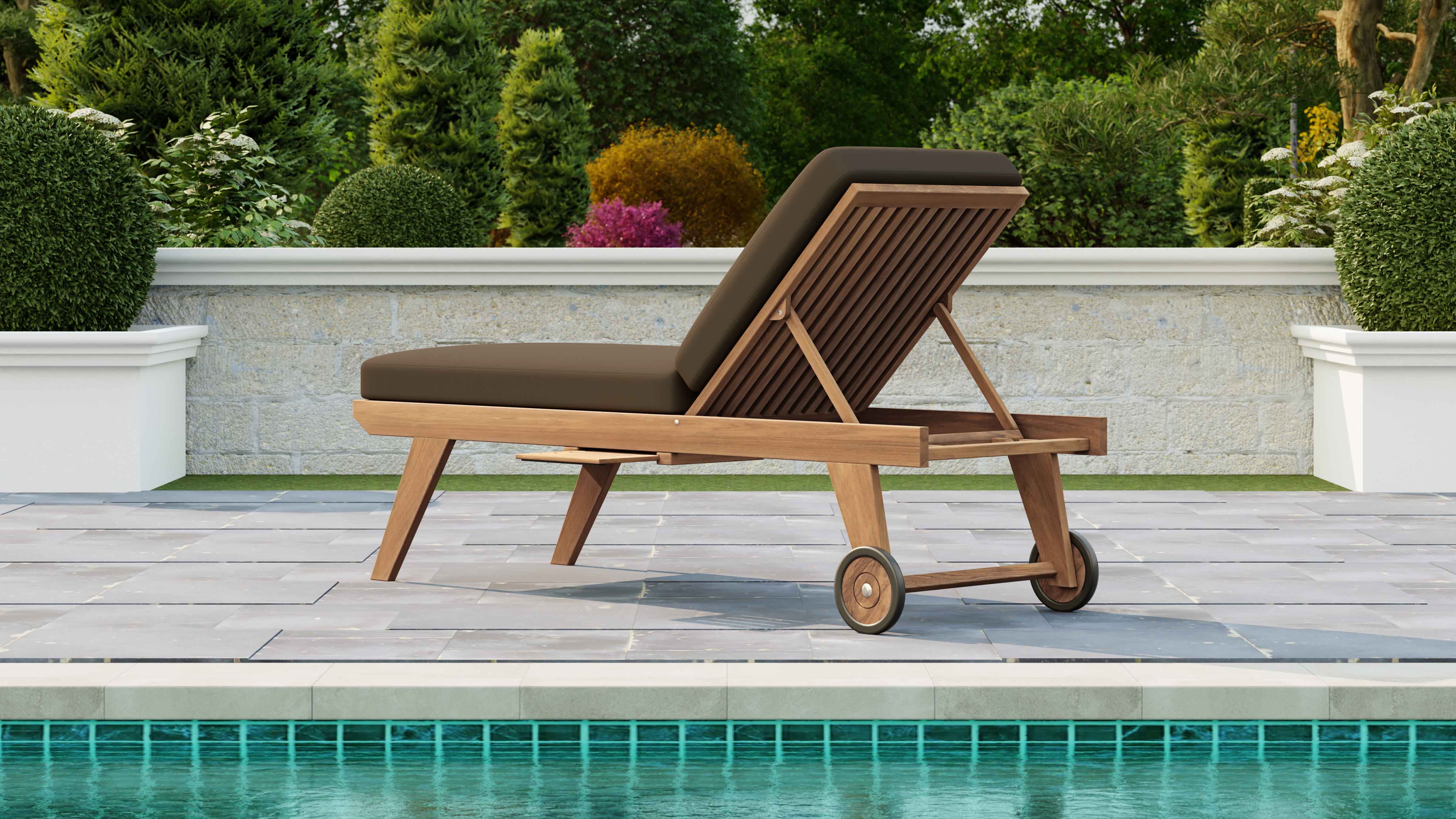 Teak High Level Lounger with Taupe Cushion & Optional Pull Out Tray Rear Angled View