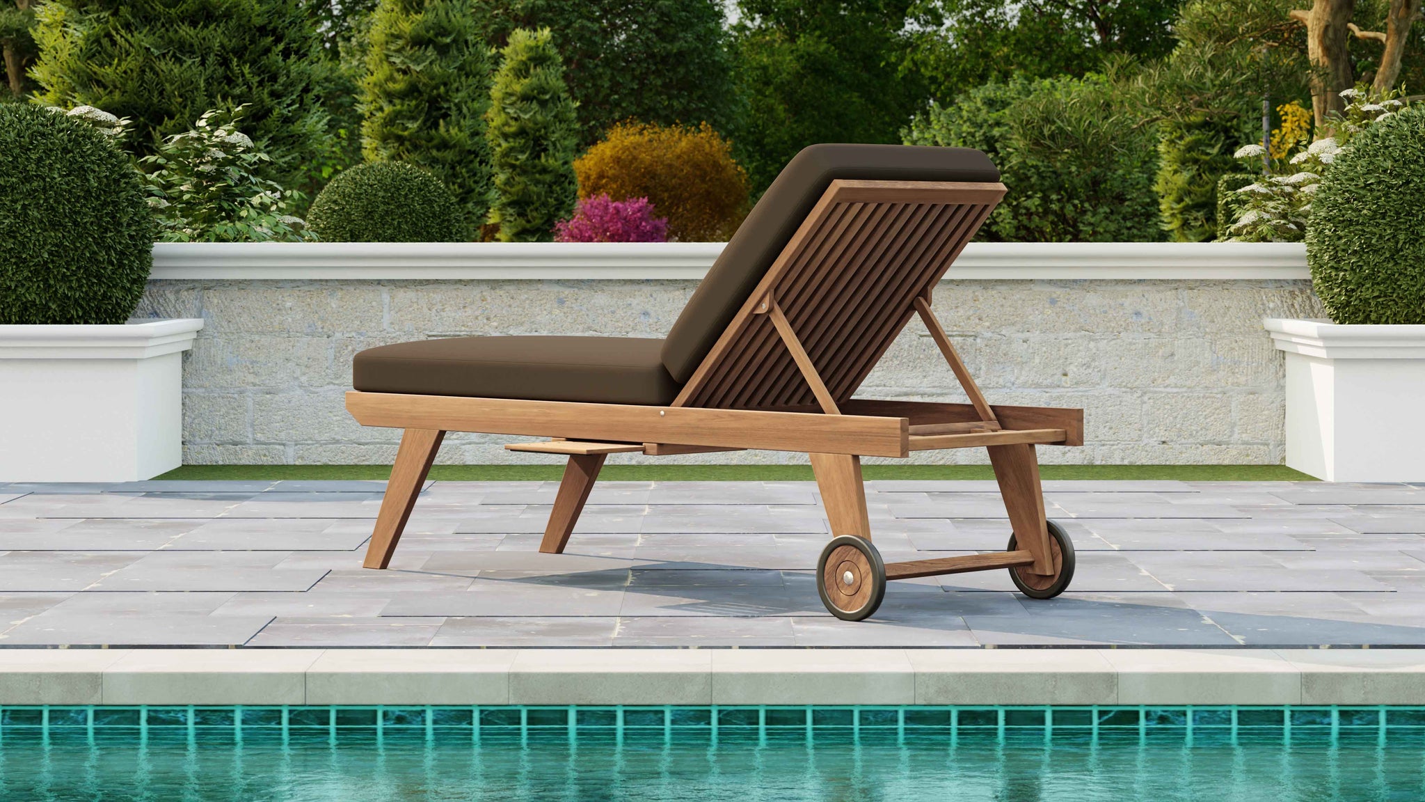 Teak High Level Lounger with Taupe Cushion & Optional Pull Out Tray Rear Angled View