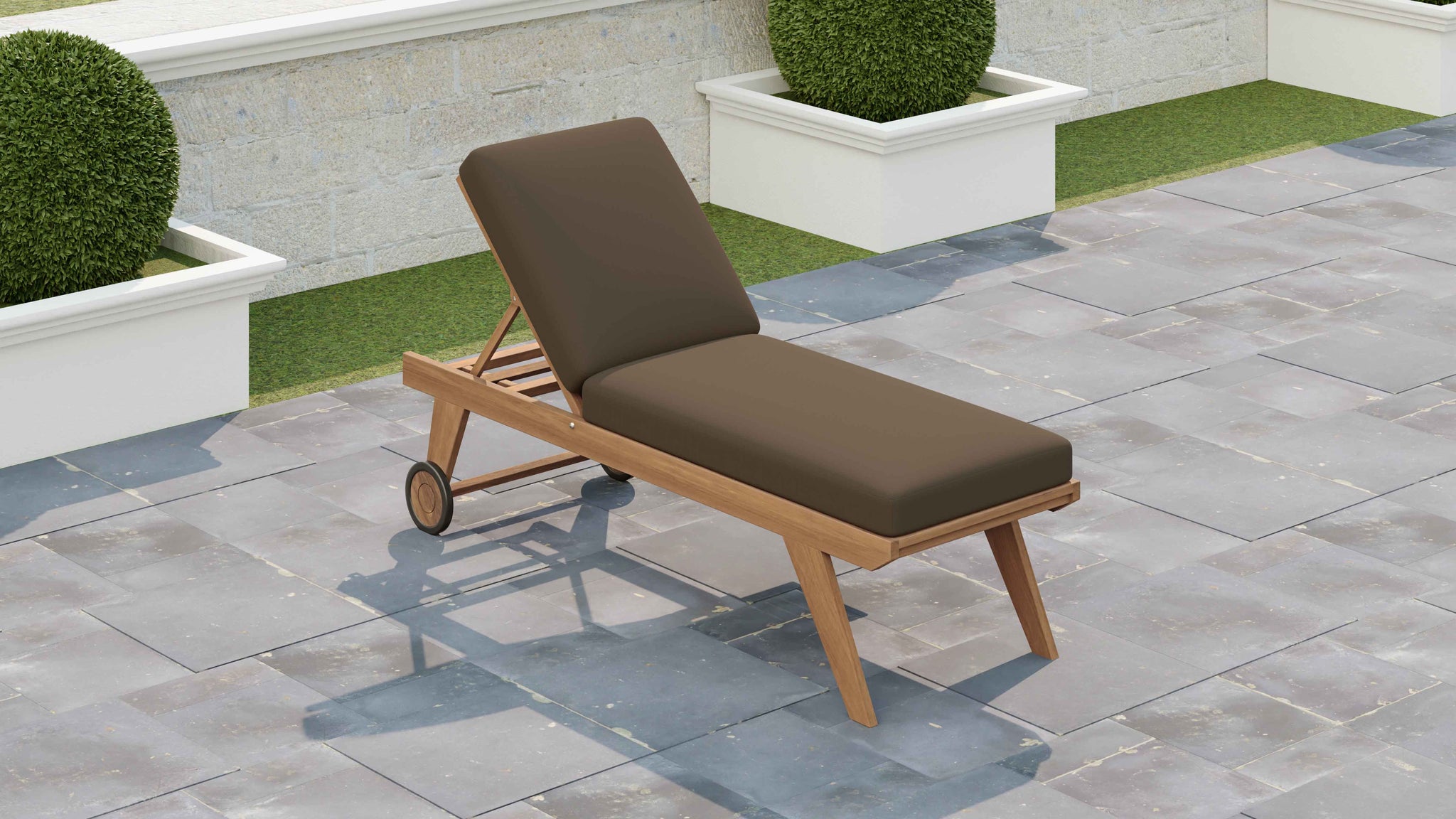 Teak High Level Lounger with Taupe Cushion & Optional Pull Out Tray Overhead Perspective